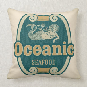 Retro-styled mermaid seafood label cushion