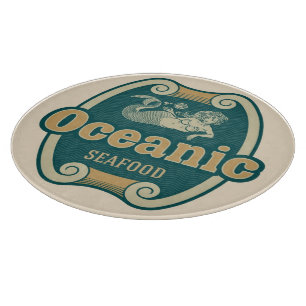 Retro-styled mermaid seafood label cutting board