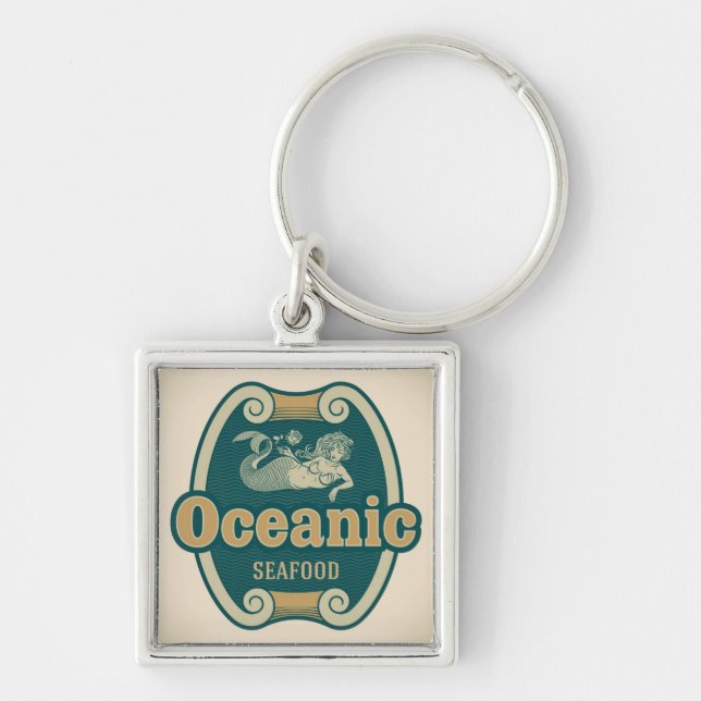 Retro-styled mermaid seafood label key ring (Front)