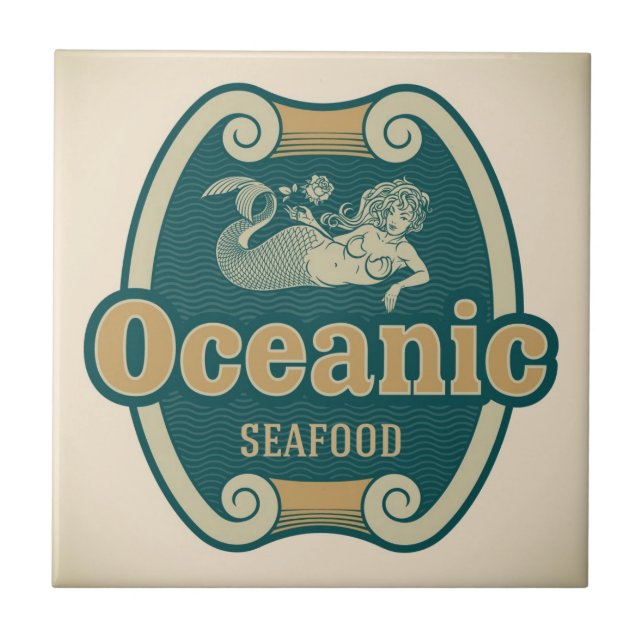 Retro-styled mermaid seafood label tile (Front)