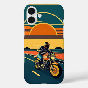 Retro Styled Motorcycle Rider in Scenic Sunset iPhone 16 Plus Case