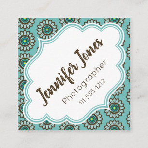 Retro Stylised Teal Flower Square Business Cards