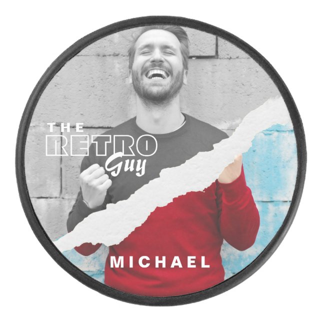 Retro Stylish Black & White Portrait Photo Display Hockey Puck (Front)