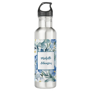 Retro Stylish Elegant Plain Blue White Flowers 710 Ml Water Bottle