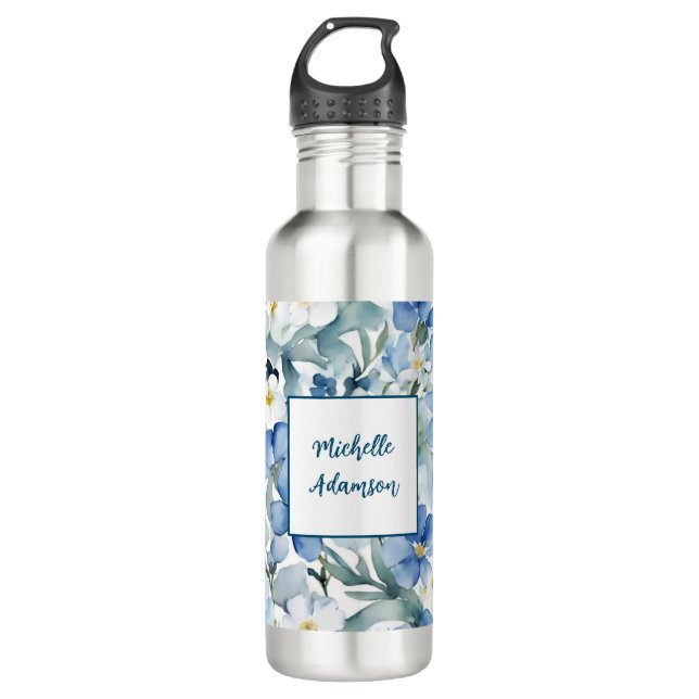 Retro Stylish Elegant Plain Blue White Flowers 710 Ml Water Bottle (Front)