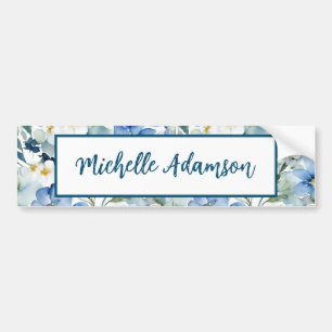 Retro Stylish Elegant Plain Blue White Flowers Bumper Sticker