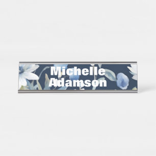 Retro Stylish Elegant Plain Blue White Flowers Desk Name Plate