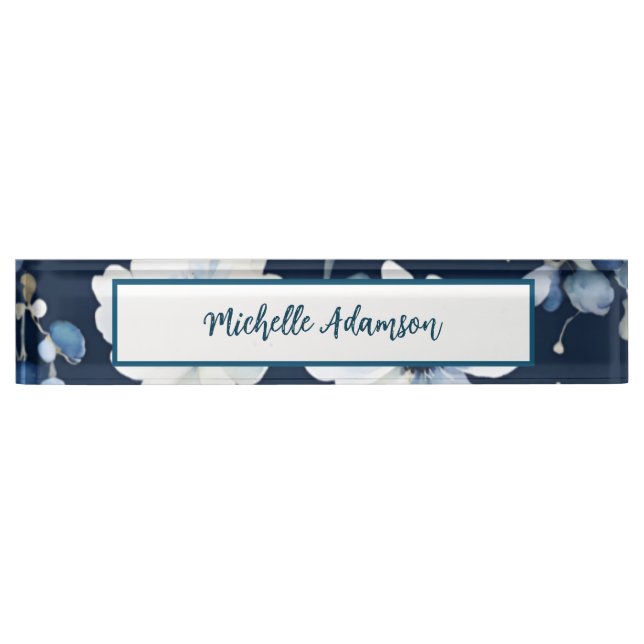 Retro Stylish Elegant Plain Blue White Flowers Nameplate (Front)