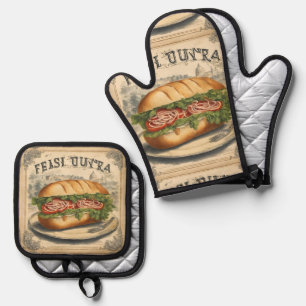 Retro Sub Sandwich Cooking Caterer Catering Chef  Oven Mitt & Pot Holder Set