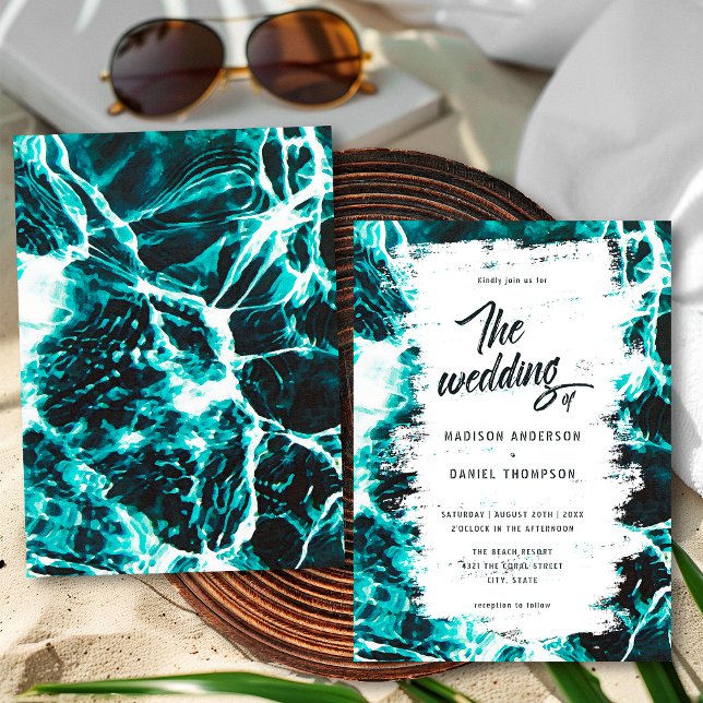 Retro Summer Aqua Teal Blue Ocean Theme Wedding Invitation (Creator Uploaded)