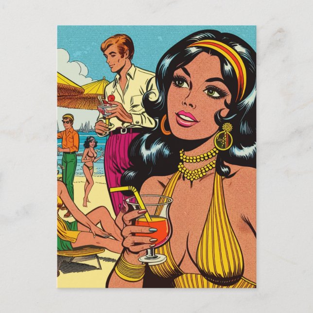 Retro Summer Beach Girl Comics Postcard (Front)