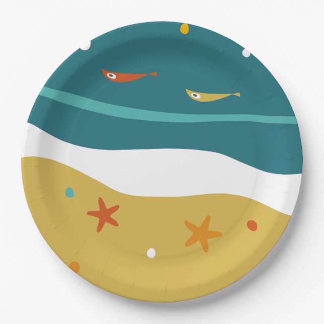 Retro Summer Beach Mid Century Modern Paper Plate (Front)