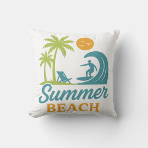 Retro Summer Beach Surfing Scene Cushion