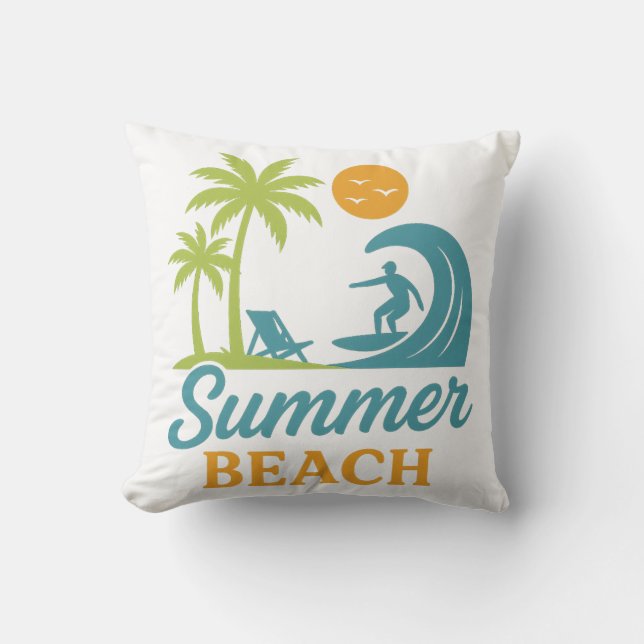 Retro Summer Beach Surfing Scene Cushion (Front)