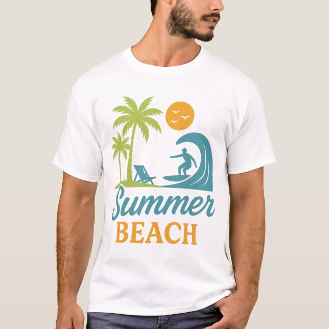 Retro Summer Beach Surfing Scene T-Shirt (Front)