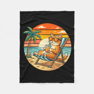 Retro Summer Cat Beach Sunset Vintage Vacation Fleece Blanket