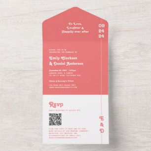 Retro Summer Coral Pink Monogram QR Code Wedding All In One Invitation