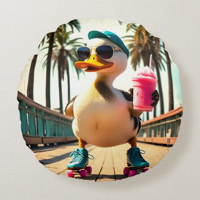 Retro Summer Funny Roller Duck Round Cushion (Front)