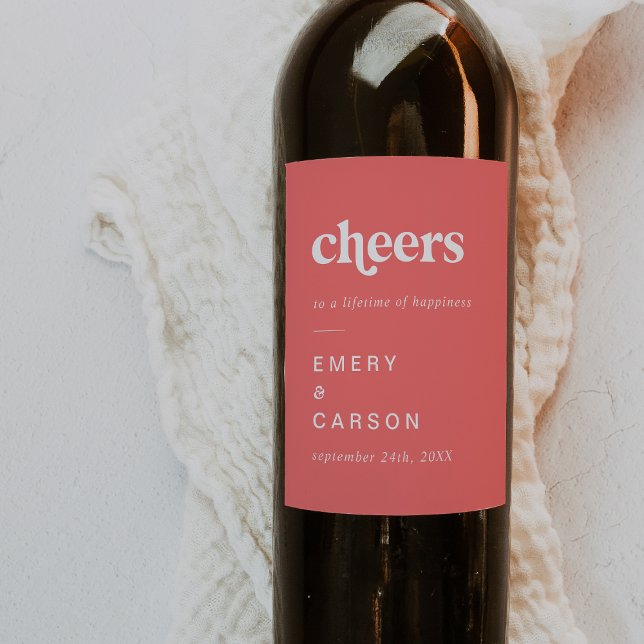Retro Summer | Hot Pink Cheers Wedding Wine Label (Creator Uploaded)