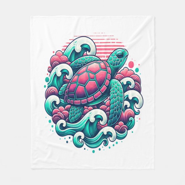 Retro Summer Ocean Wave Turtle Fleece Blanket (Front)