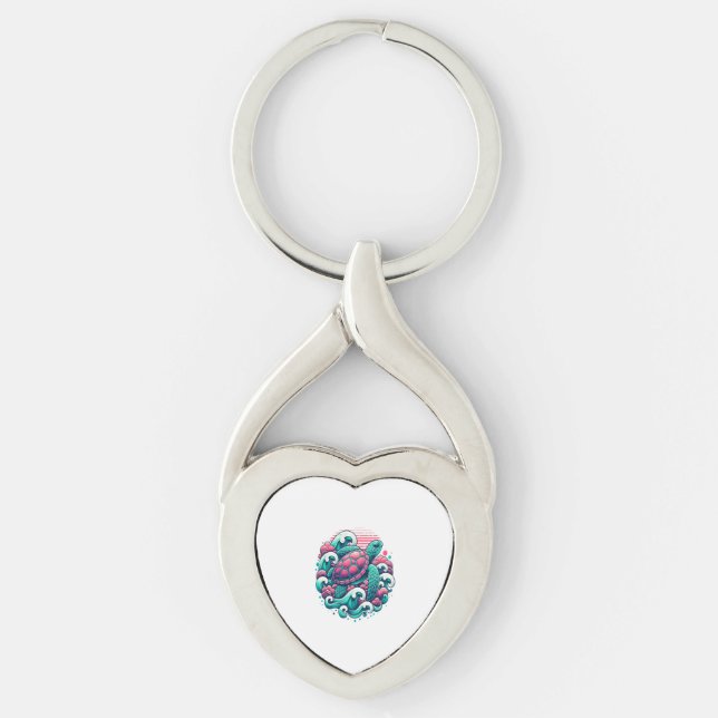 Retro Summer Ocean Wave Turtle Key Ring (Front)