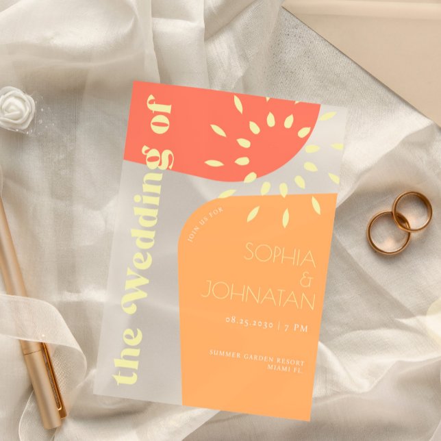 Retro summer orange yellow bold typography wedding acrylic invitations (Creator Uploaded)
