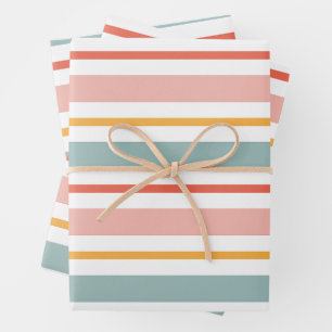 Retro Summer Pastel Striped Pink Mint And Mustard  Wrapping Paper Sheet