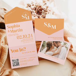 Retro Summer Pink and Orange Photo Wedding All In One Invitation