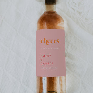 Retro Summer Pink Orange Cheers Wedding Wine Label
