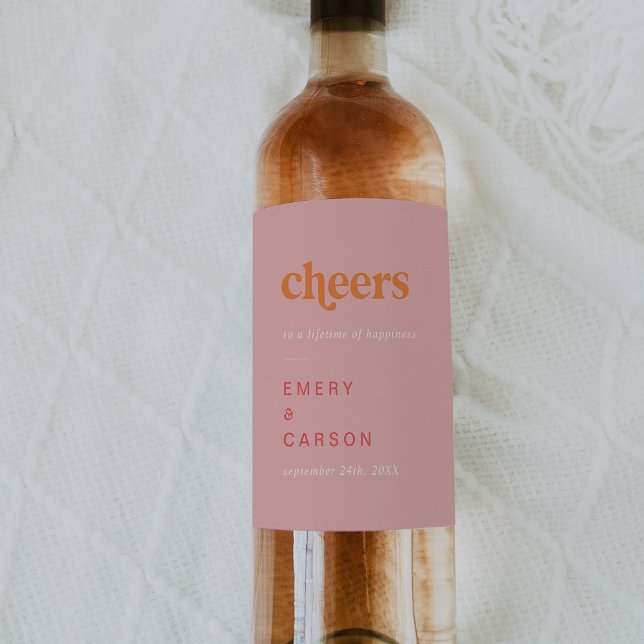 Retro Summer | Pink Orange Cheers Wedding Wine Label (Creator Uploaded)