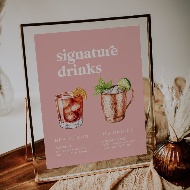 Retro Summer Pink Watercolor Signature Drinks Sign (Retro Summer Pink Watercolor Signature Drinks Sign)