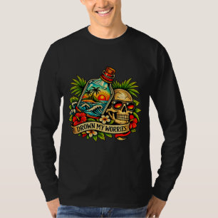 Retro Summer Skull Message in a Bottle Beach T-Shirt