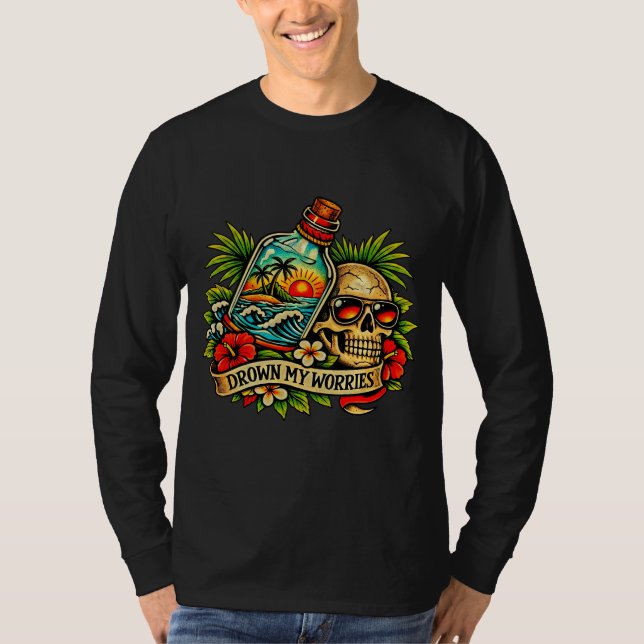 Retro Summer Skull Message in a Bottle Beach T-Shirt (Front)