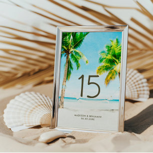 Retro Summer Tropical Palm Tree Beach Wedding Table Number