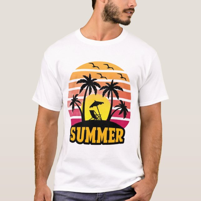 Retro Summer Vibes T-Shirt - Palm Tree Sunset Beac (Front)