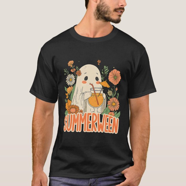 Retro Summerween Ghost Boho Floral Summer Hallowee T-Shirt (Front)