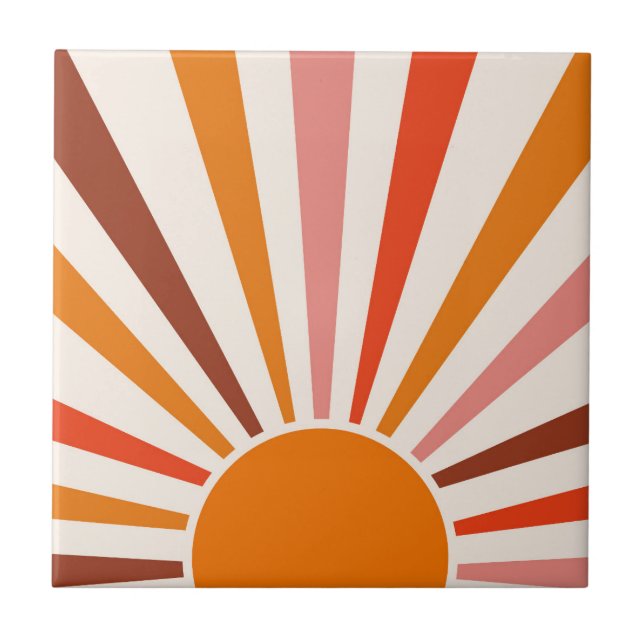 Retro Sun Burst Sunset Orange Yellow Red Pink  Tile (Front)