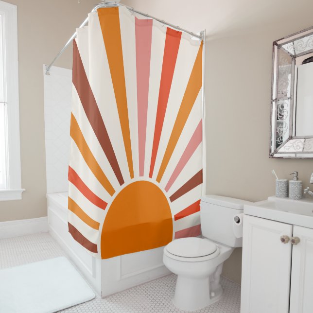 Retro Sun Burst Sunset Orange Yellow Red Shower Curtain (In Situ)