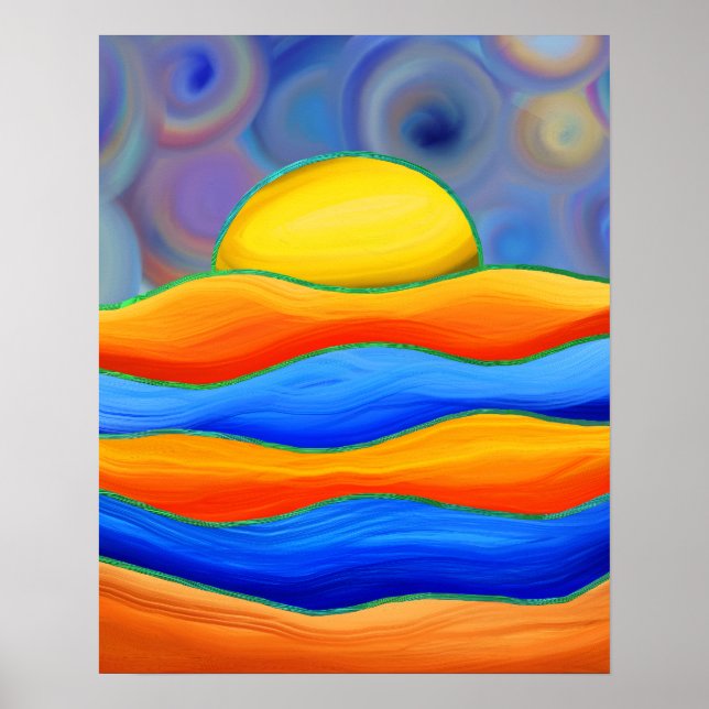 RETRO SUN COLORFUL WAVE LANDSCAPE POSTER (Front)