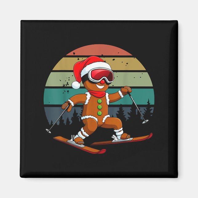 Retro sun gingerbread man skiing santa hat xmas magnet (Front)