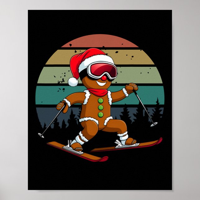 Retro Sun Gingerbread Man Skiing Santa Hat Xmas Sk Poster (Front)