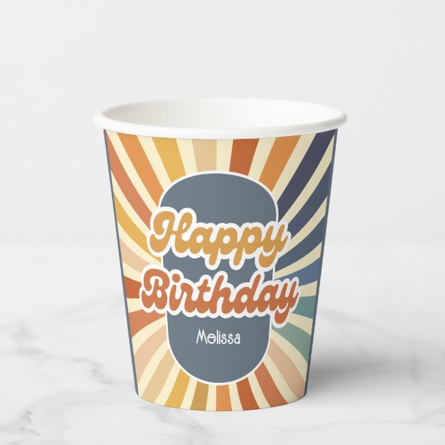 Retro Sun Groovy Wave Happy Birthday Paper Cups (Front)
