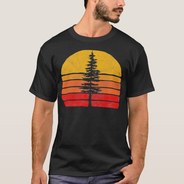 Retro Sun Minimalist White Pine Tree Silhouette Gr T-Shirt (Front)