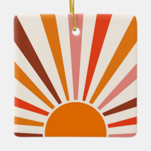 Retro Sun Rays Burst Sunset Orange Yellow Red   Ceramic Ornament