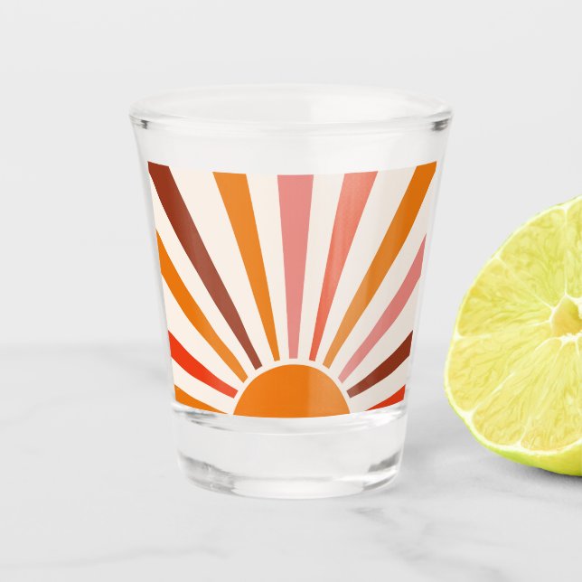 Retro Sun Rays Burst Sunset Orange Yellow Red  Shot Glass (Front)