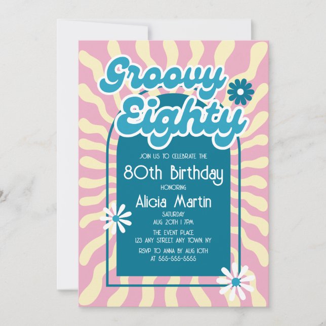 Retro Sun Wave Daisy Groovy Blue 80th Birthday Invitation (Front)