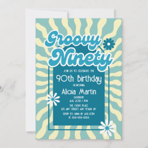 Retro Sun Wave Daisy Groovy Blue 90th Birthday Invitation