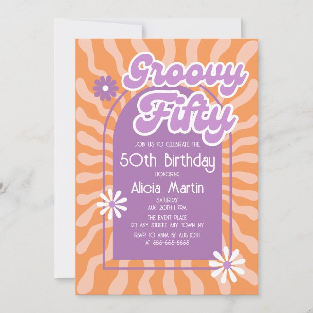 Retro Sun Wave Daisy Groovy Purple 50th Birthday Invitation (Front)