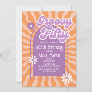 Retro Sun Wave Daisy Groovy Purple 50th Birthday Invitation