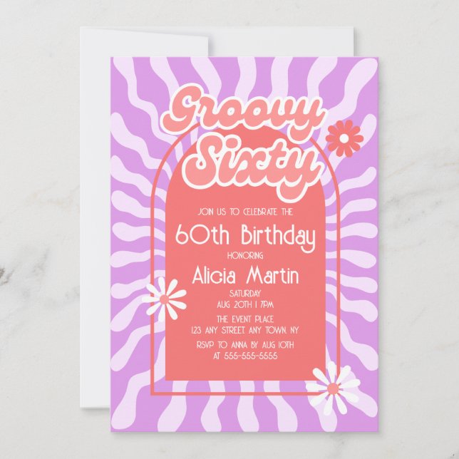 Retro Sun Wave Daisy Groovy Red 60th Birthday Invitation (Front)